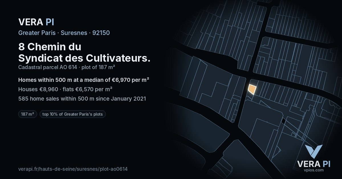 8 Chemin du Syndicat des Cultivateurs, Suresnes at night – the plot lit, the parcels around coloured by the prices near them