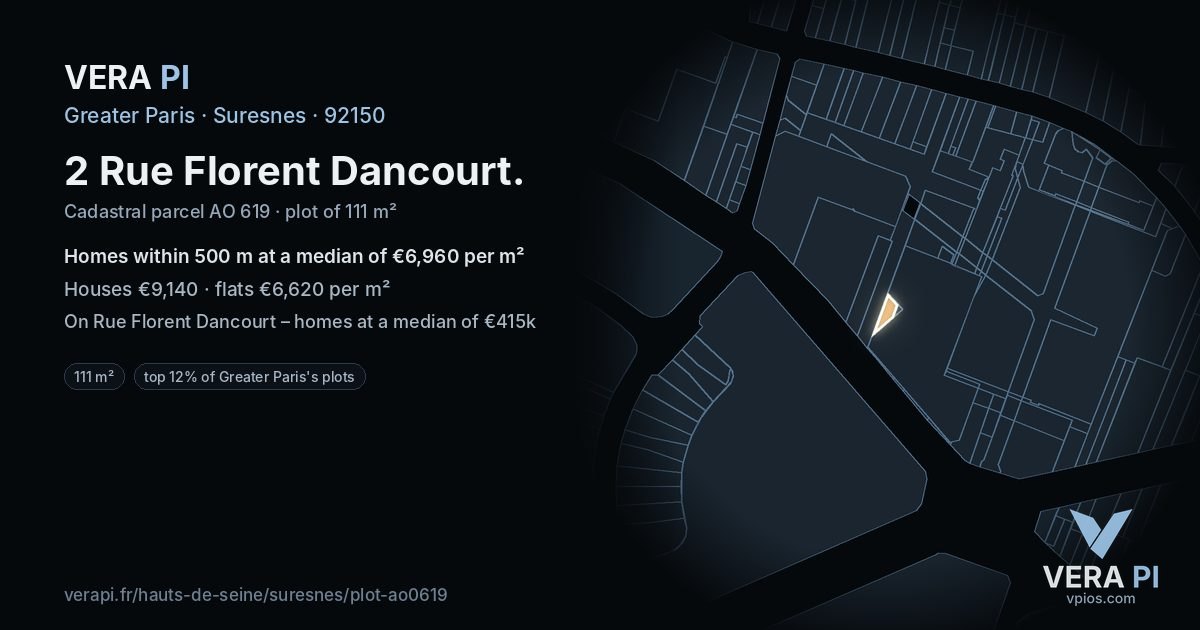 2 Rue Florent Dancourt, Suresnes at night – the plot lit, the parcels around coloured by the prices near them