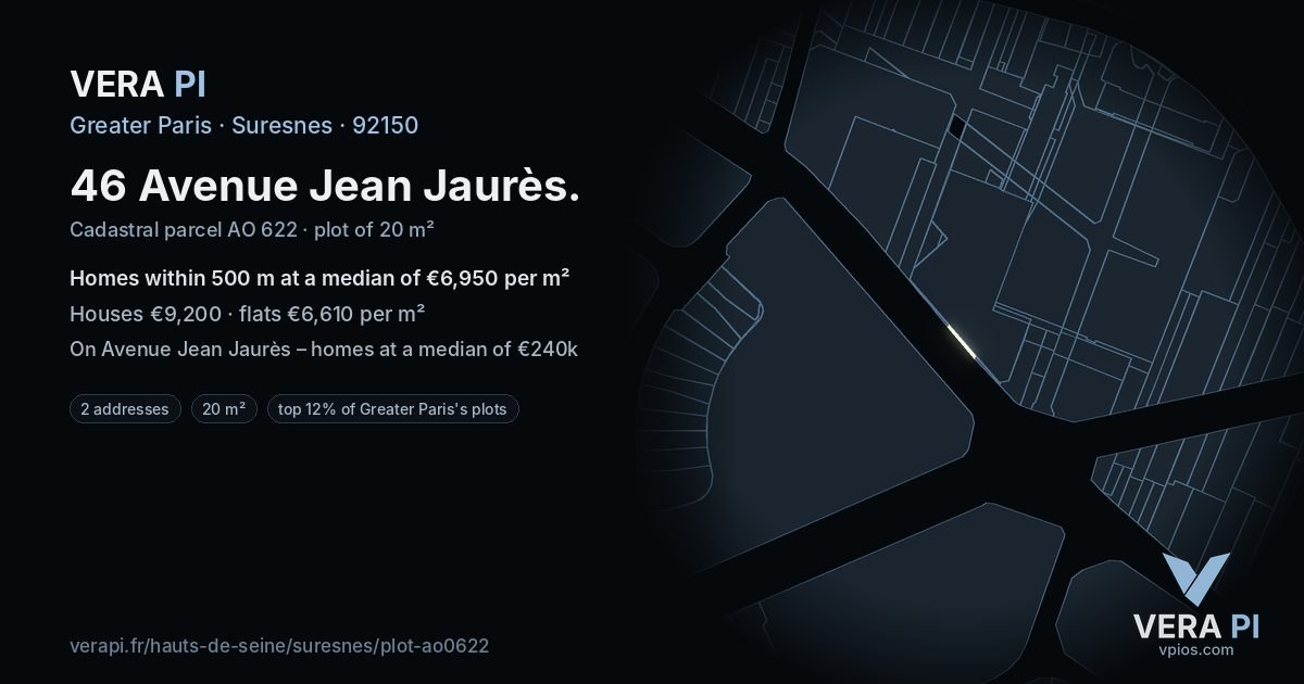 46 Avenue Jean Jaurès, Suresnes at night – the plot lit, the parcels around coloured by the prices near them