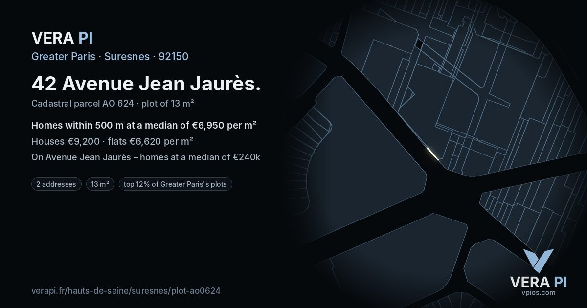 42 Avenue Jean Jaurès, Suresnes at night – the plot lit, the parcels around coloured by the prices near them