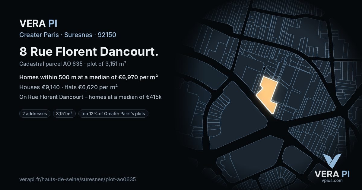 8 Rue Florent Dancourt, Suresnes at night – the plot lit, the parcels around coloured by the prices near them
