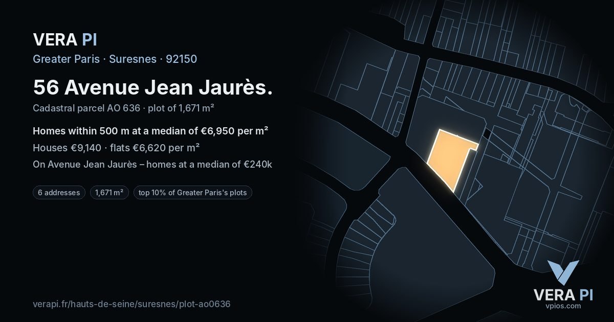 56 Avenue Jean Jaurès, Suresnes at night – the plot lit, the parcels around coloured by the prices near them