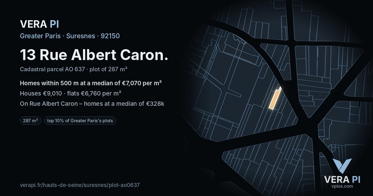 13 Rue Albert Caron, Suresnes at night – the plot lit, the parcels around coloured by the prices near them