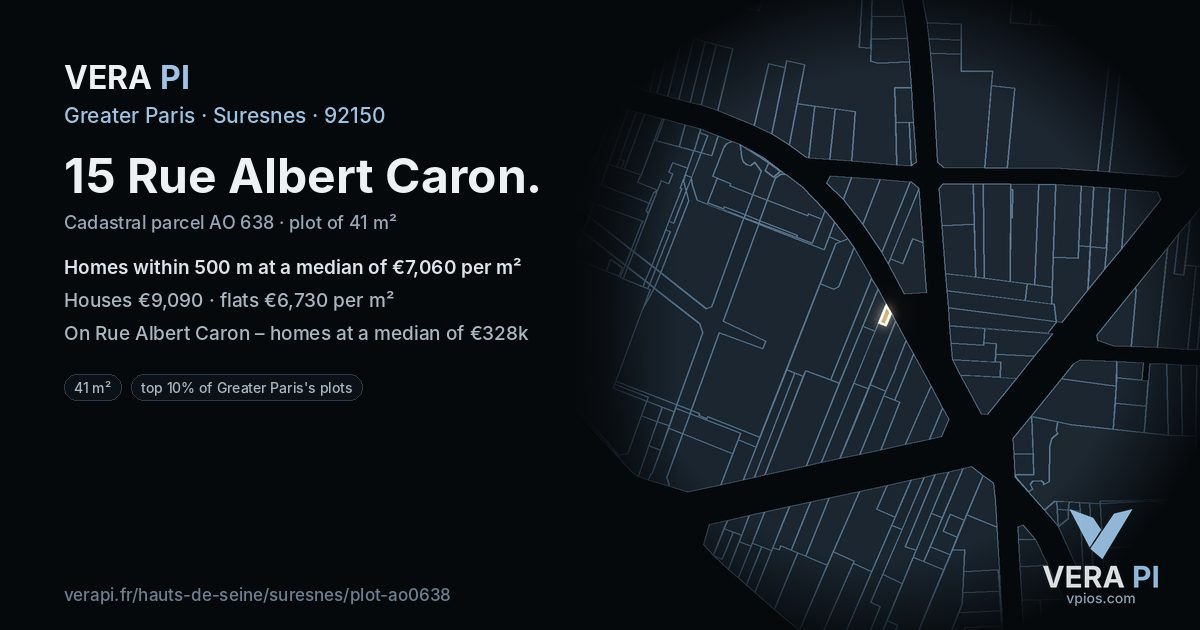 15 Rue Albert Caron, Suresnes at night – the plot lit, the parcels around coloured by the prices near them