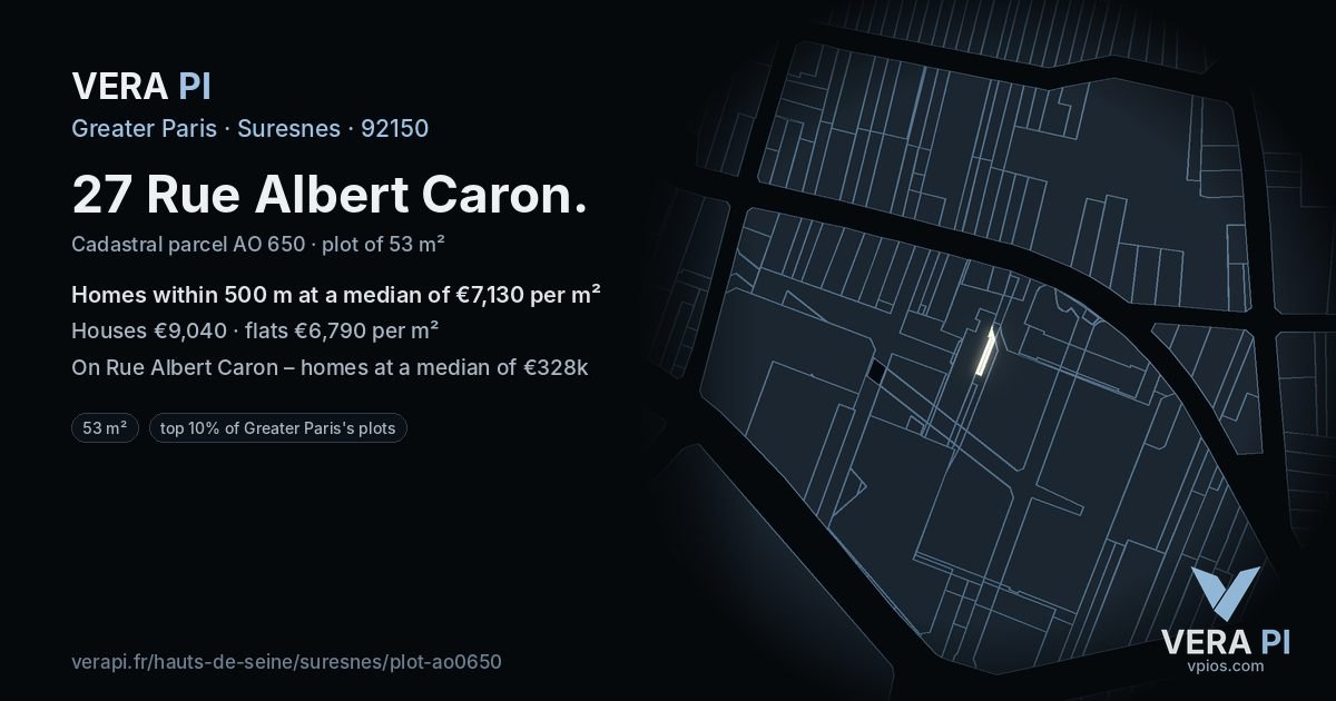 27 Rue Albert Caron, Suresnes at night – the plot lit, the parcels around coloured by the prices near them