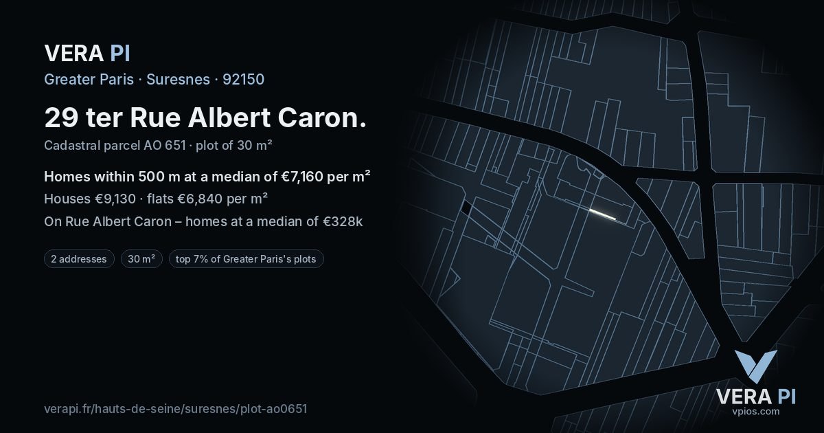 29 ter Rue Albert Caron, Suresnes at night – the plot lit, the parcels around coloured by the prices near them