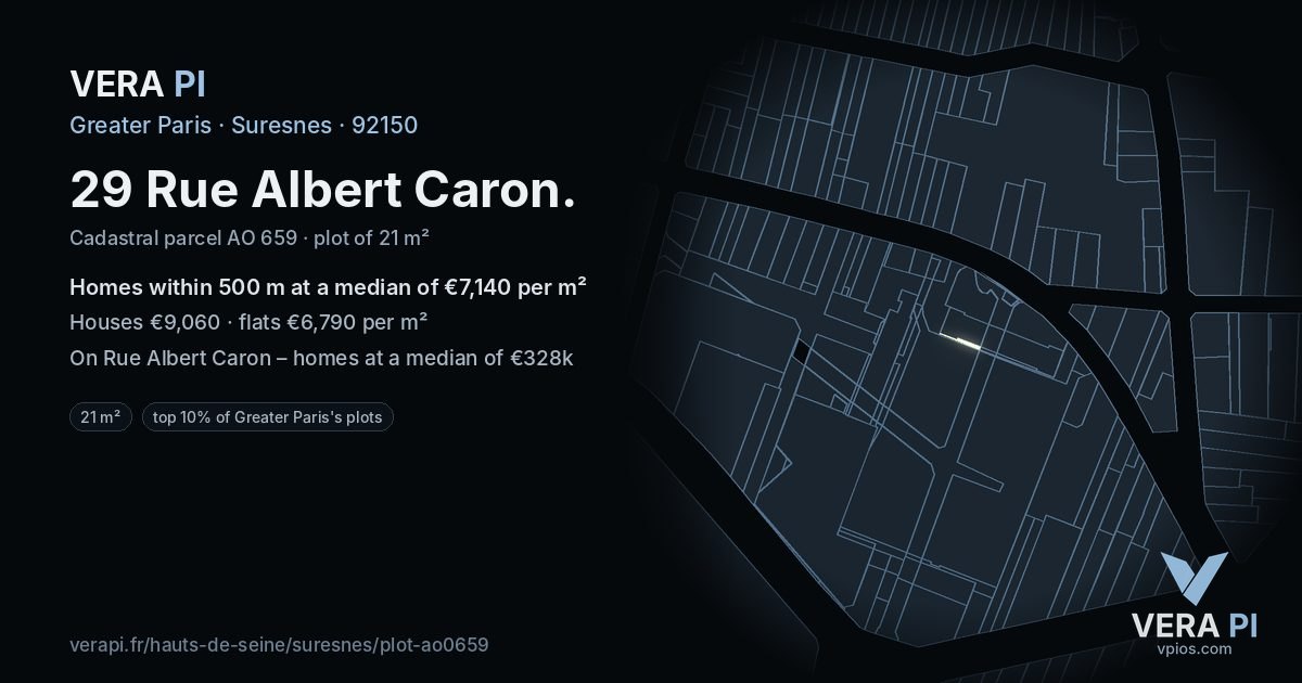 29 Rue Albert Caron, Suresnes at night – the plot lit, the parcels around coloured by the prices near them