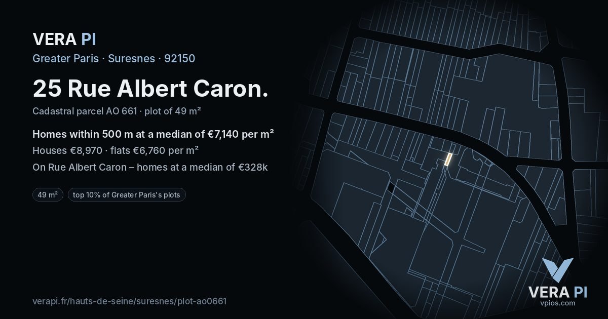 25 Rue Albert Caron, Suresnes at night – the plot lit, the parcels around coloured by the prices near them