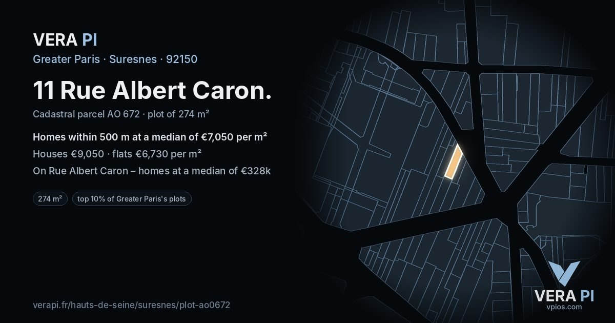 11 Rue Albert Caron, Suresnes at night – the plot lit, the parcels around coloured by the prices near them