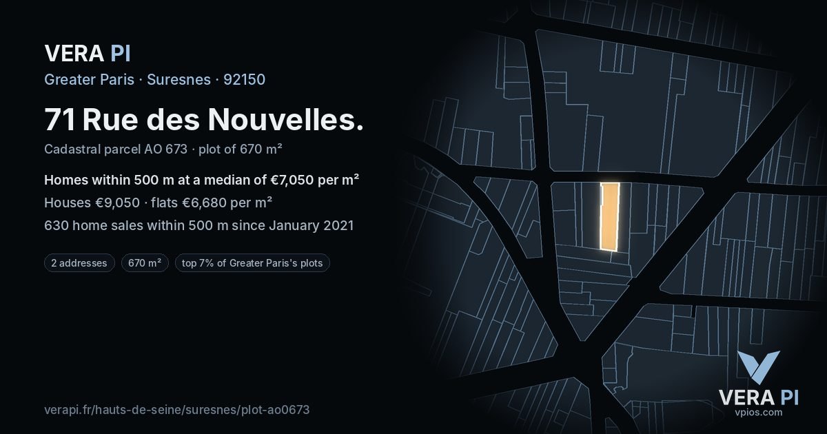 71 Rue des Nouvelles, Suresnes at night – the plot lit, the parcels around coloured by the prices near them