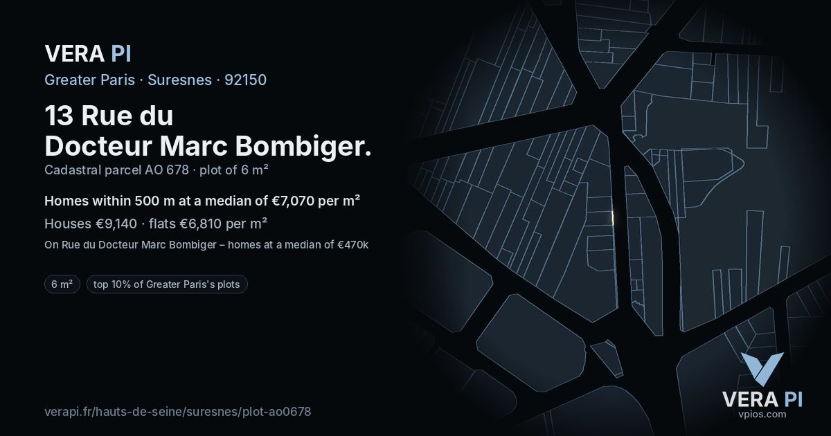13 Rue du Docteur Marc Bombiger, Suresnes at night – the plot lit, the parcels around coloured by the prices near them