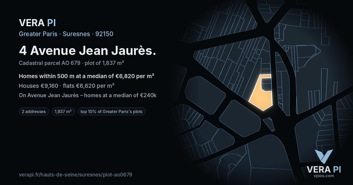 4 Avenue Jean Jaurès, Suresnes at night – the plot lit, the parcels around coloured by the prices near them
