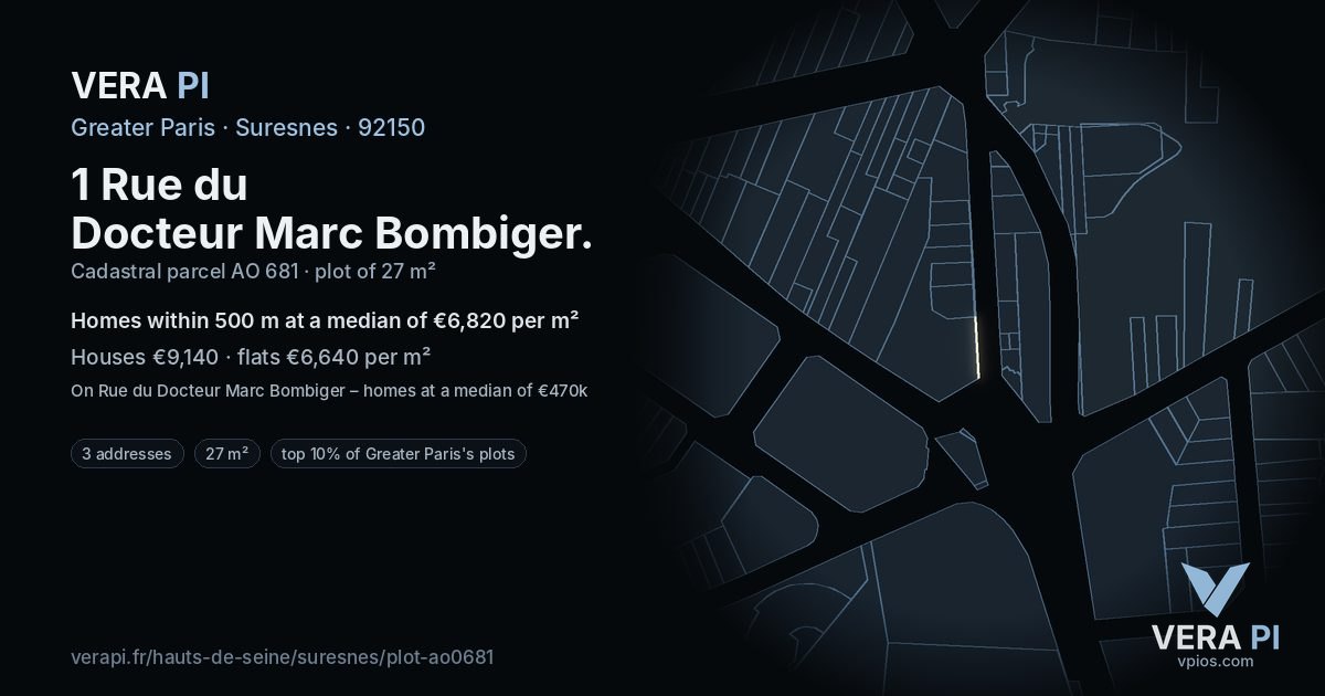 1 Rue du Docteur Marc Bombiger, Suresnes at night – the plot lit, the parcels around coloured by the prices near them