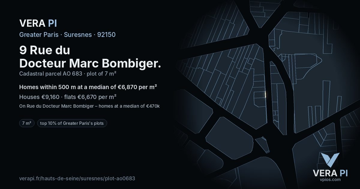 9 Rue du Docteur Marc Bombiger, Suresnes at night – the plot lit, the parcels around coloured by the prices near them