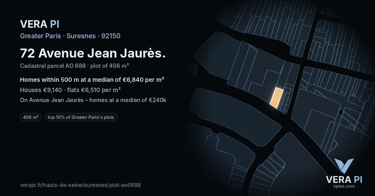 72 Avenue Jean Jaurès, Suresnes at night – the plot lit, the parcels around coloured by the prices near them