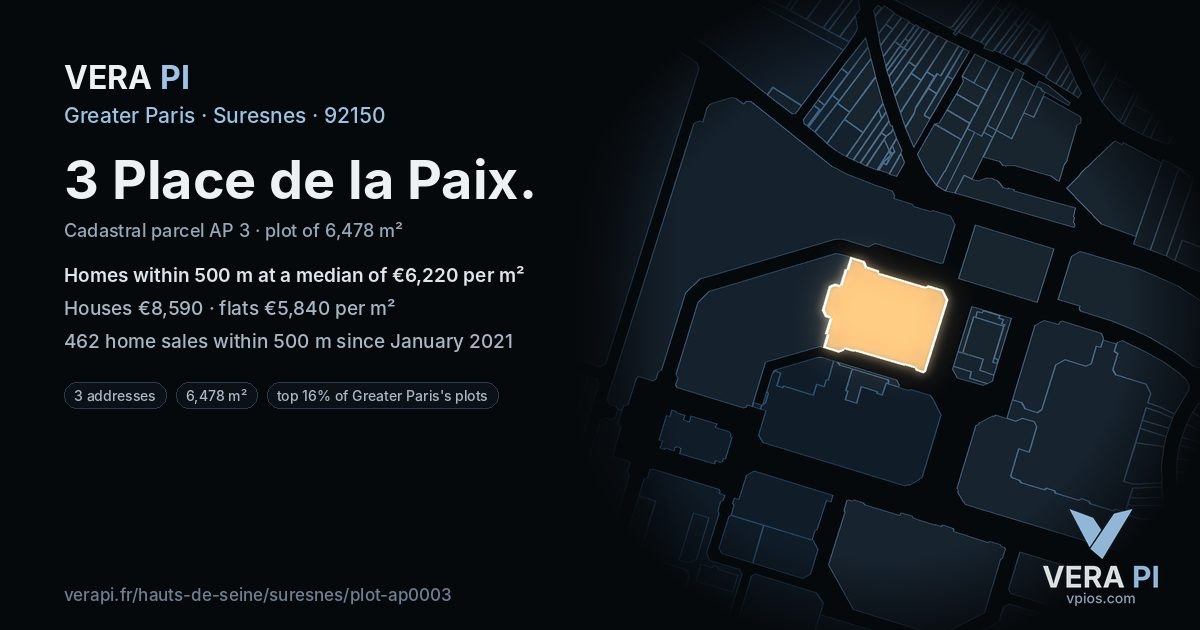 3 Place de la Paix, Suresnes at night – the plot lit, the parcels around coloured by the prices near them