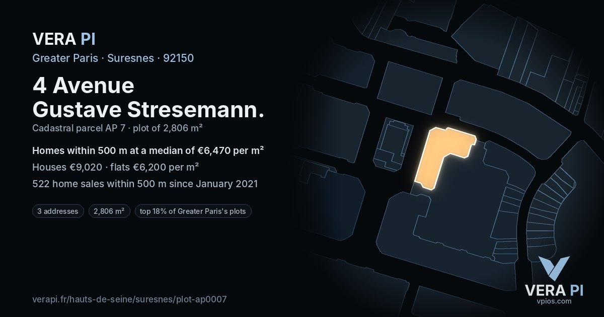 4 Avenue Gustave Stresemann, Suresnes at night – the plot lit, the parcels around coloured by the prices near them
