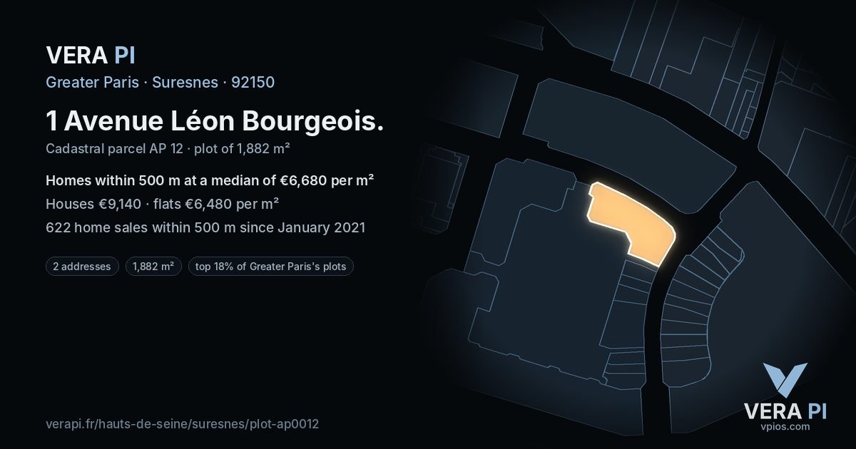 1 Avenue Léon Bourgeois, Suresnes at night – the plot lit, the parcels around coloured by the prices near them