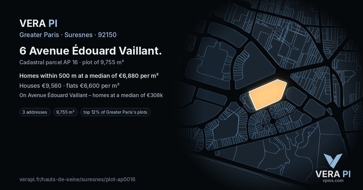 6 Avenue Édouard Vaillant, Suresnes at night – the plot lit, the parcels around coloured by the prices near them