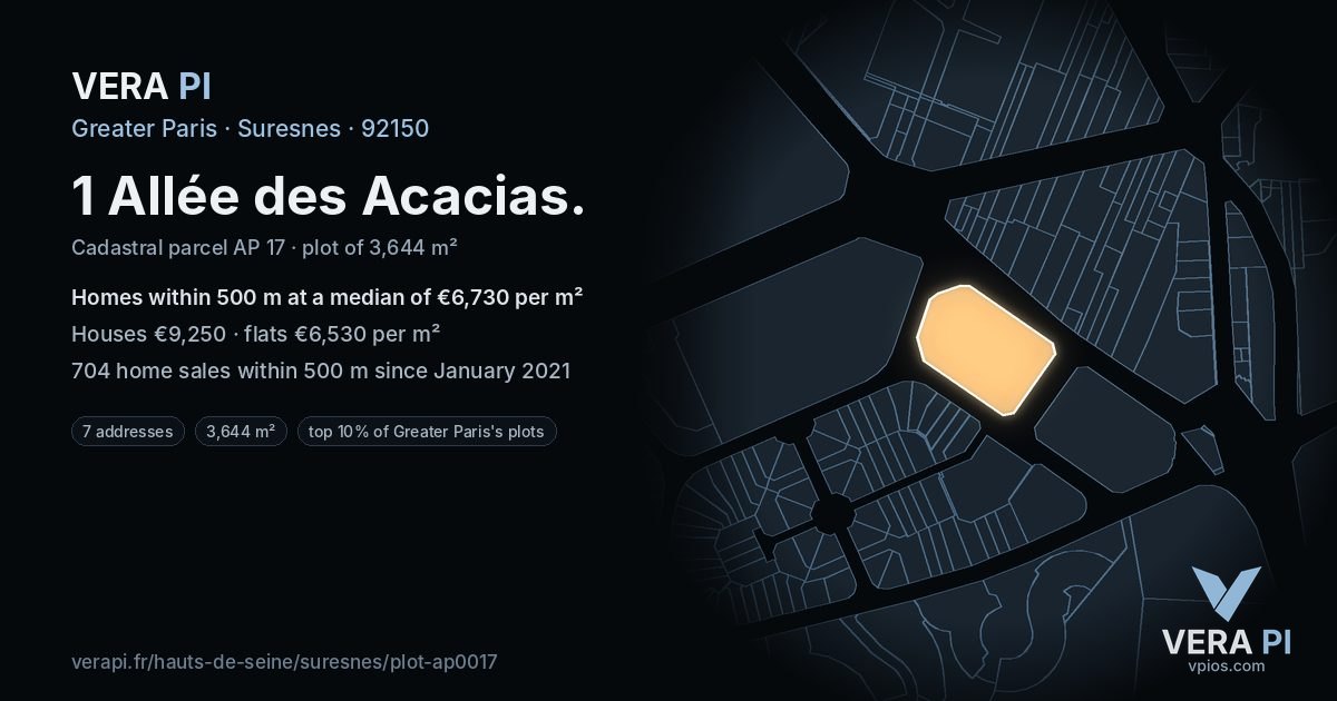 1 Allée des Acacias, Suresnes at night – the plot lit, the parcels around coloured by the prices near them