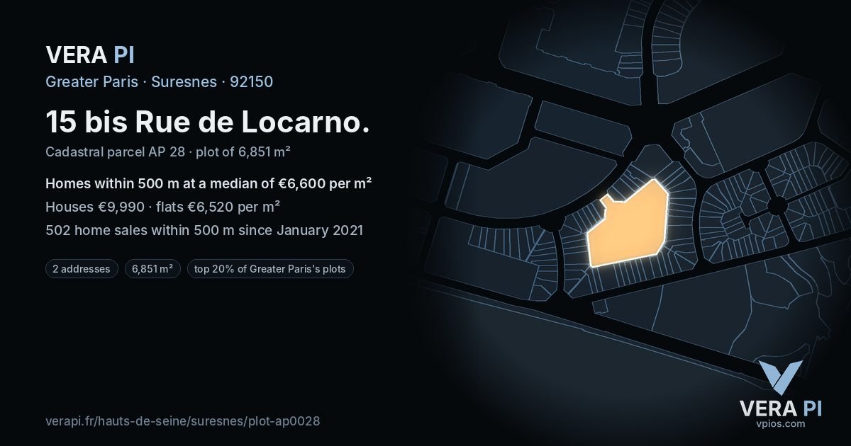 15 bis Rue de Locarno, Suresnes at night – the plot lit, the parcels around coloured by the prices near them