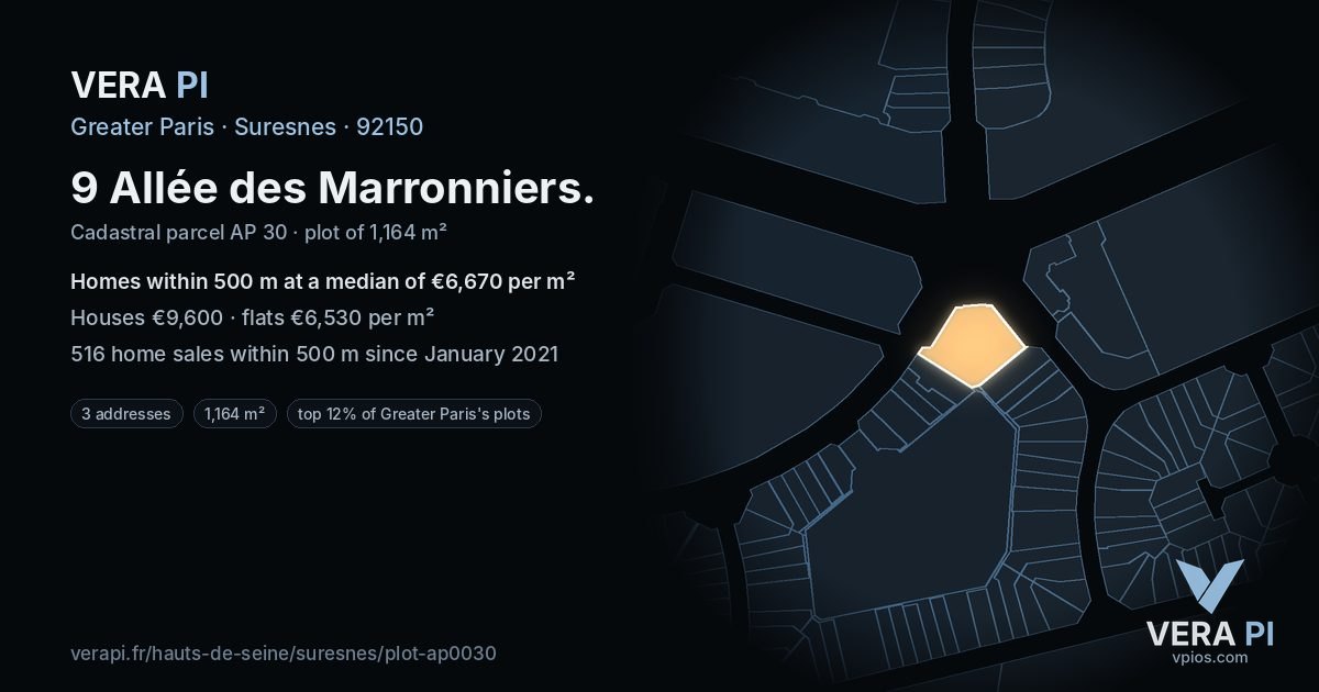 9 Allée des Marronniers, Suresnes at night – the plot lit, the parcels around coloured by the prices near them