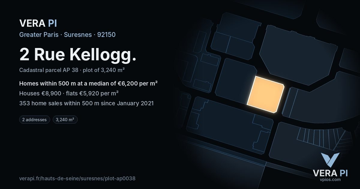 2 Rue Kellogg, Suresnes at night – the plot lit, the parcels around coloured by the prices near them