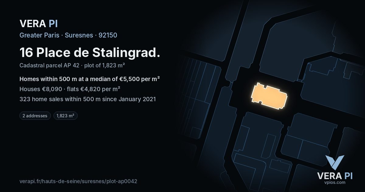 16 Place de Stalingrad, Suresnes at night – the plot lit, the parcels around coloured by the prices near them