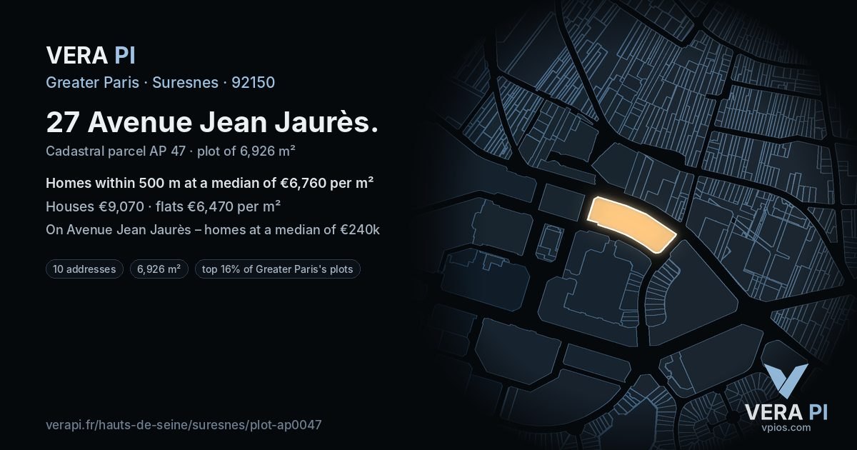 27 Avenue Jean Jaurès, Suresnes at night – the plot lit, the parcels around coloured by the prices near them