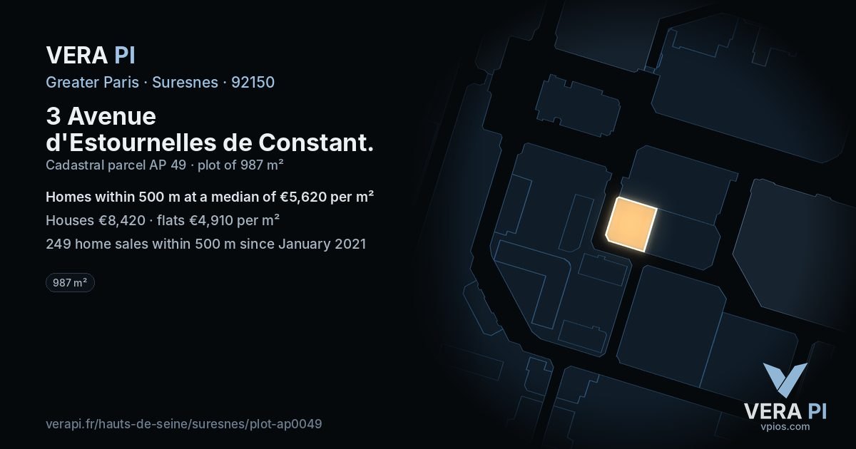 3 Avenue d'Estournelles de Constant, Suresnes at night – the plot lit, the parcels around coloured by the prices near them