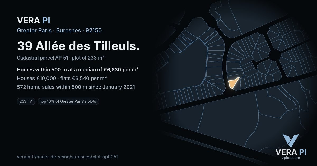 39 Allée des Tilleuls, Suresnes at night – the plot lit, the parcels around coloured by the prices near them
