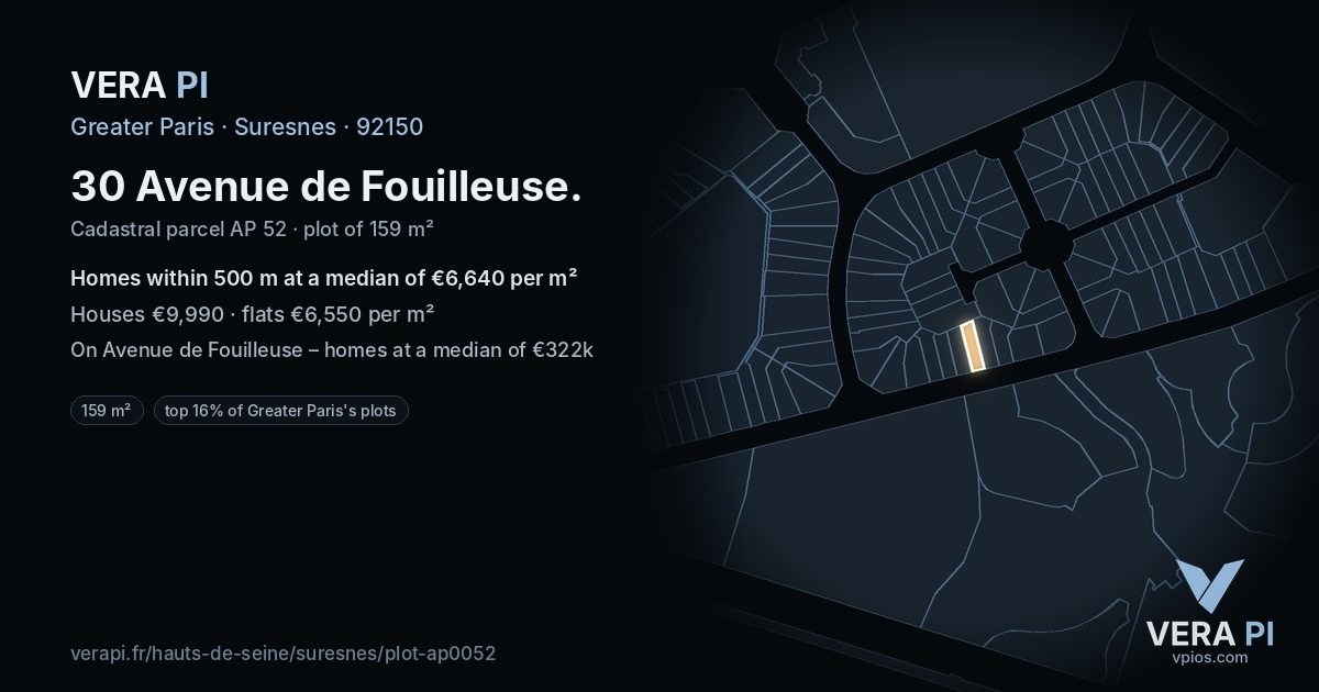 30 Avenue de Fouilleuse, Suresnes at night – the plot lit, the parcels around coloured by the prices near them