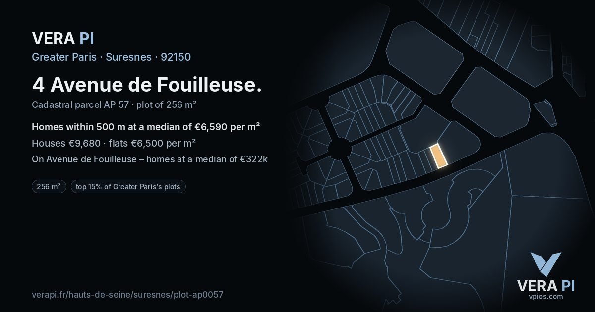 4 Avenue de Fouilleuse, Suresnes at night – the plot lit, the parcels around coloured by the prices near them
