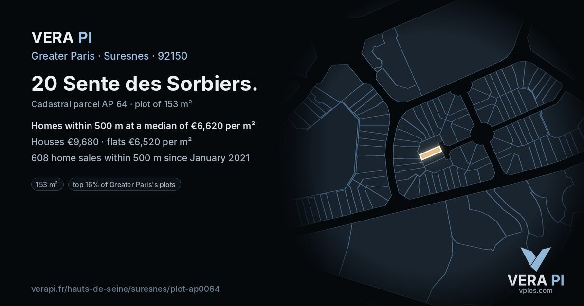 20 Sente des Sorbiers, Suresnes at night – the plot lit, the parcels around coloured by the prices near them