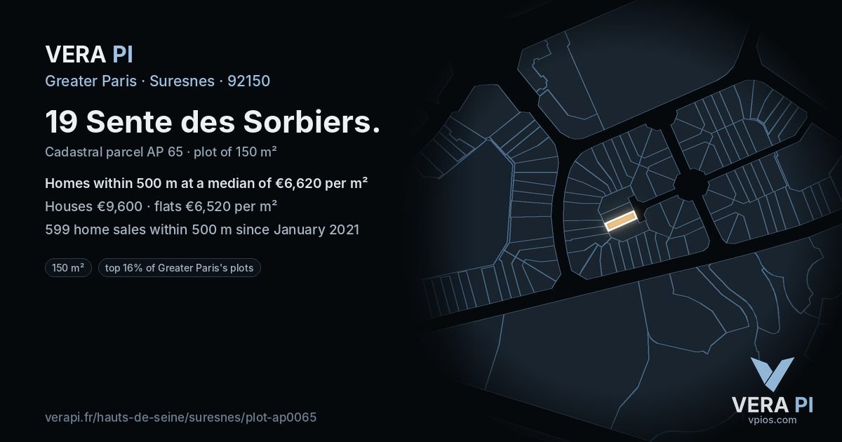 19 Sente des Sorbiers, Suresnes at night – the plot lit, the parcels around coloured by the prices near them