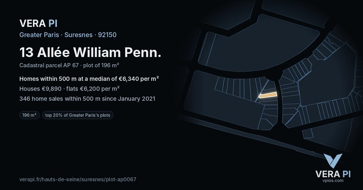 13 Allée William Penn, Suresnes at night – the plot lit, the parcels around coloured by the prices near them