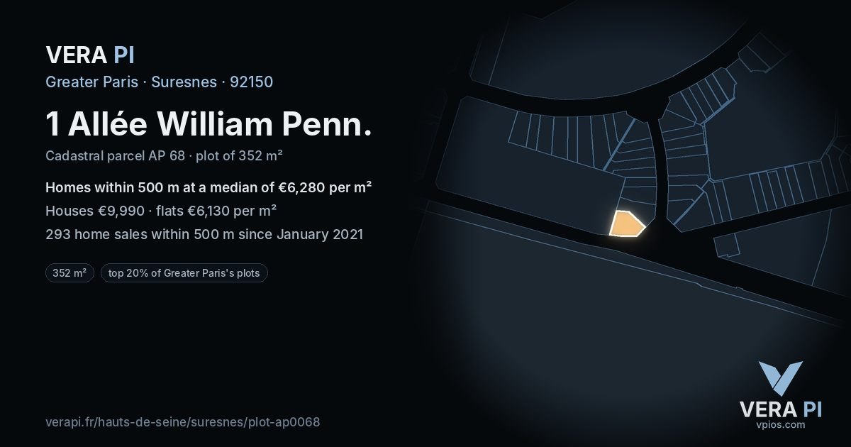 1 Allée William Penn, Suresnes at night – the plot lit, the parcels around coloured by the prices near them