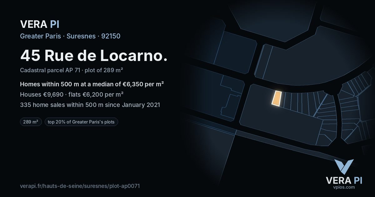 45 Rue de Locarno, Suresnes at night – the plot lit, the parcels around coloured by the prices near them