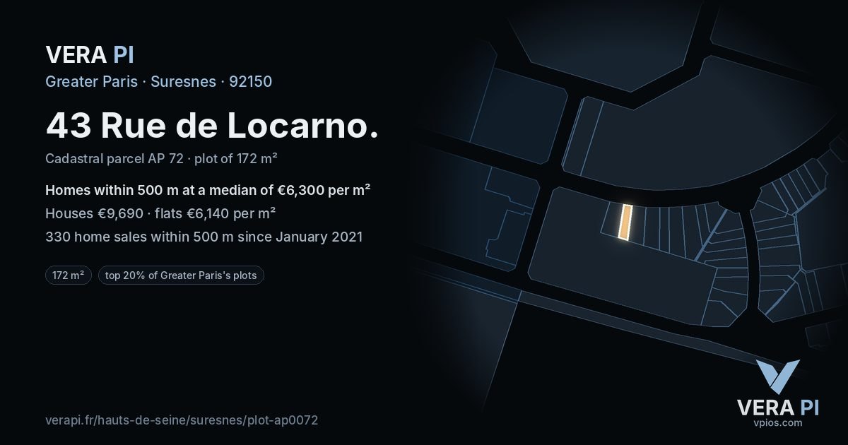 43 Rue de Locarno, Suresnes at night – the plot lit, the parcels around coloured by the prices near them