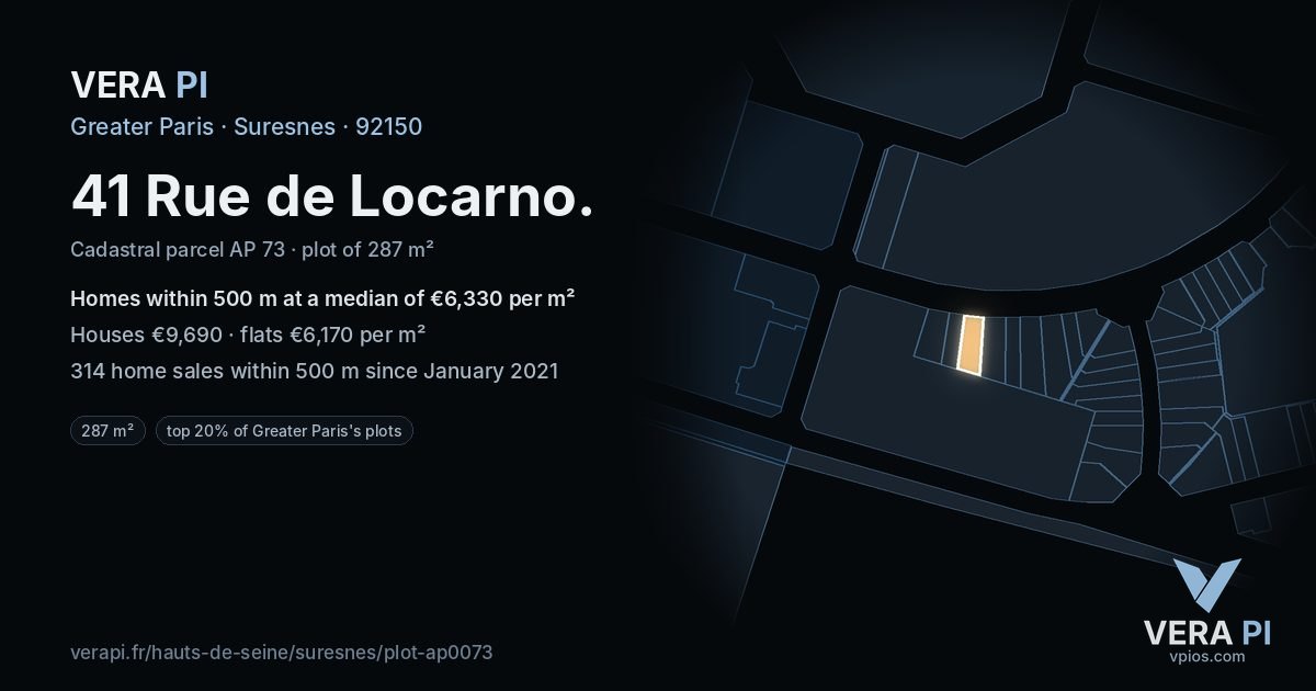41 Rue de Locarno, Suresnes at night – the plot lit, the parcels around coloured by the prices near them