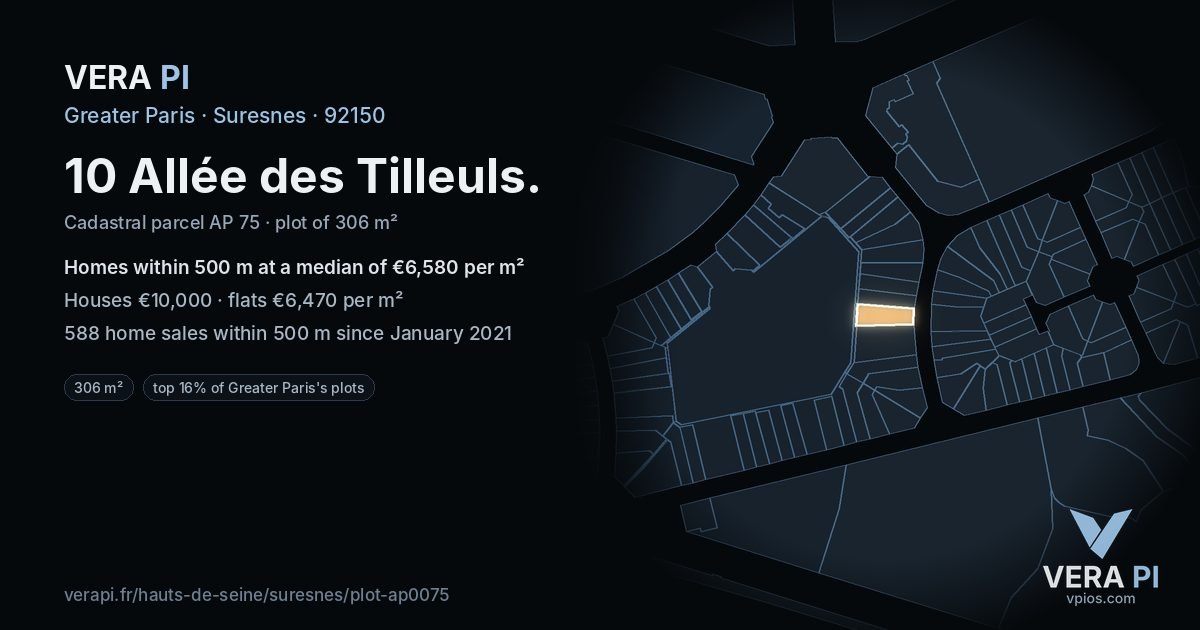 10 Allée des Tilleuls, Suresnes at night – the plot lit, the parcels around coloured by the prices near them