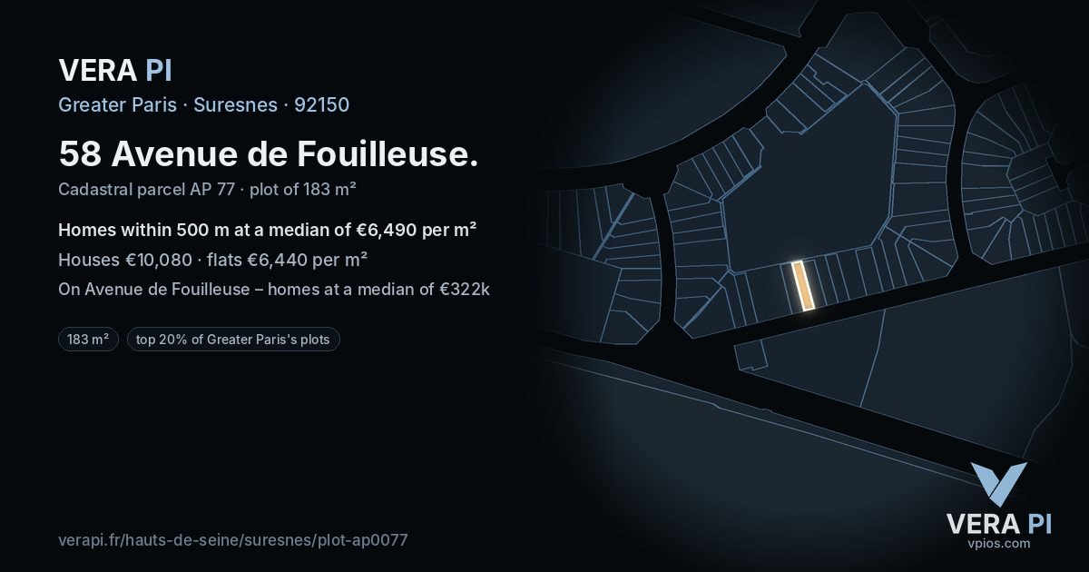 58 Avenue de Fouilleuse, Suresnes at night – the plot lit, the parcels around coloured by the prices near them