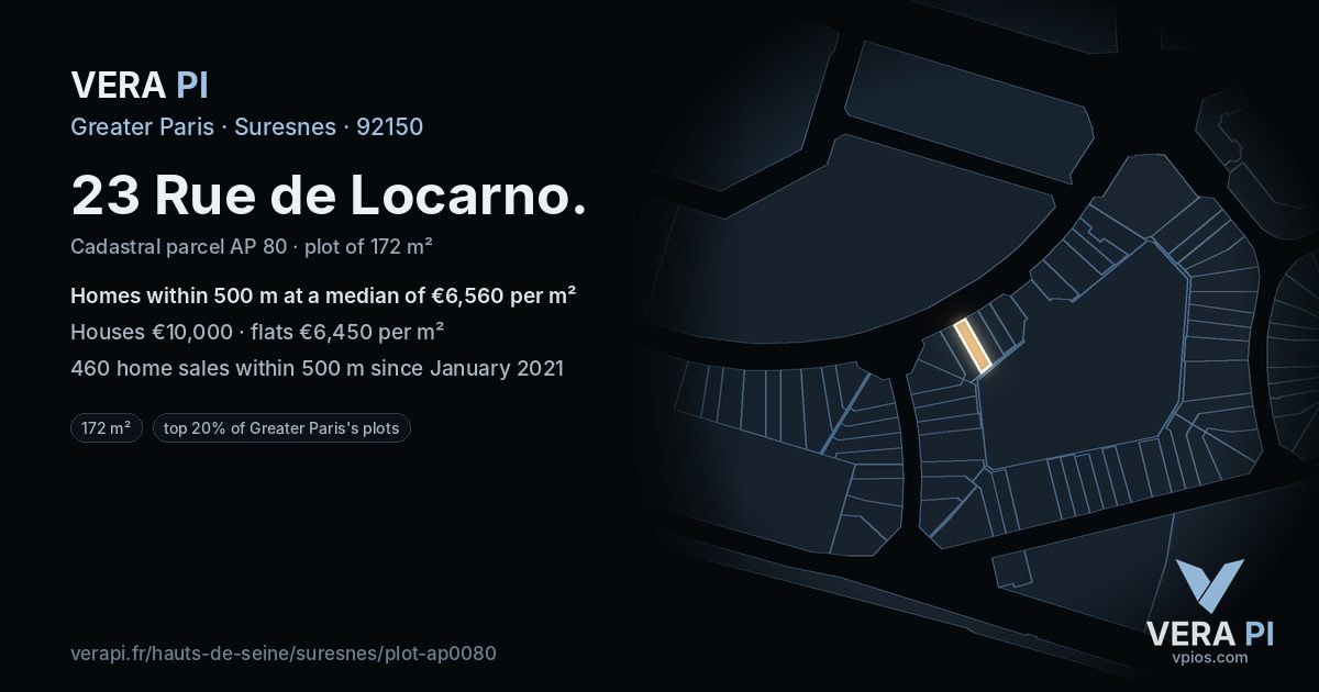 23 Rue de Locarno, Suresnes at night – the plot lit, the parcels around coloured by the prices near them