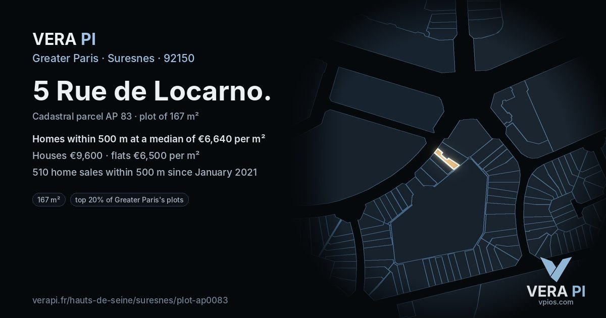 5 Rue de Locarno, Suresnes at night – the plot lit, the parcels around coloured by the prices near them