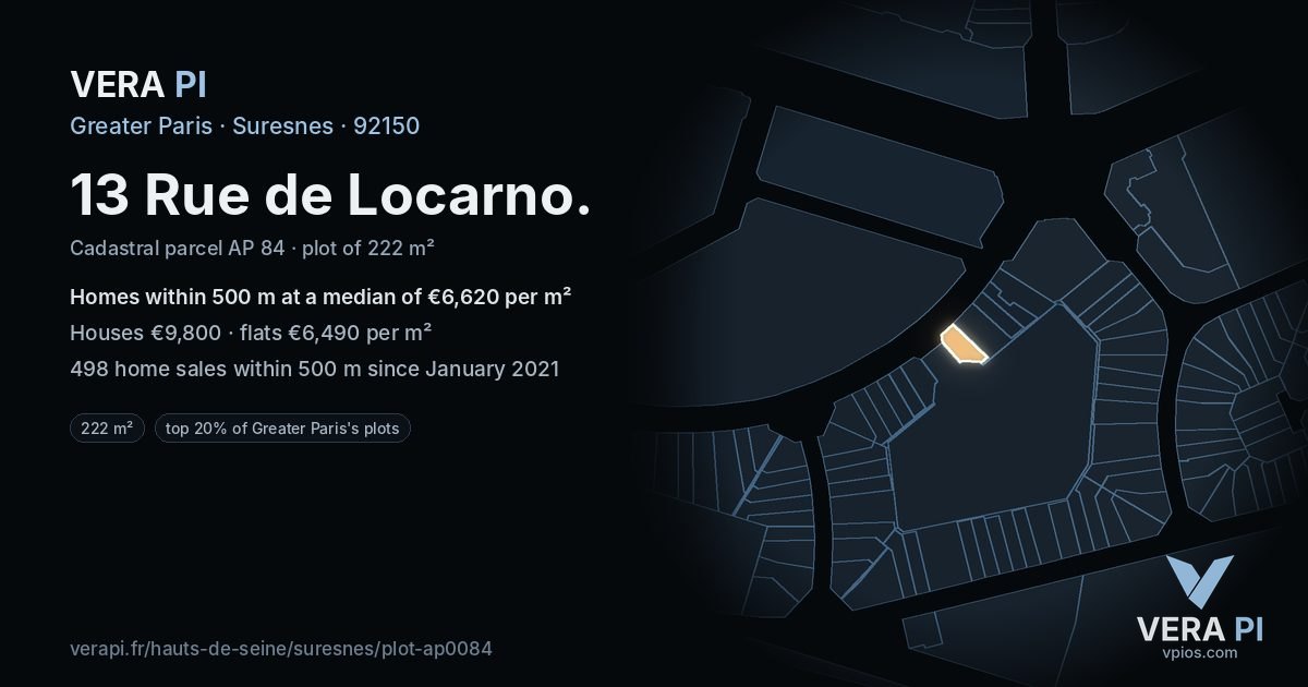 13 Rue de Locarno, Suresnes at night – the plot lit, the parcels around coloured by the prices near them