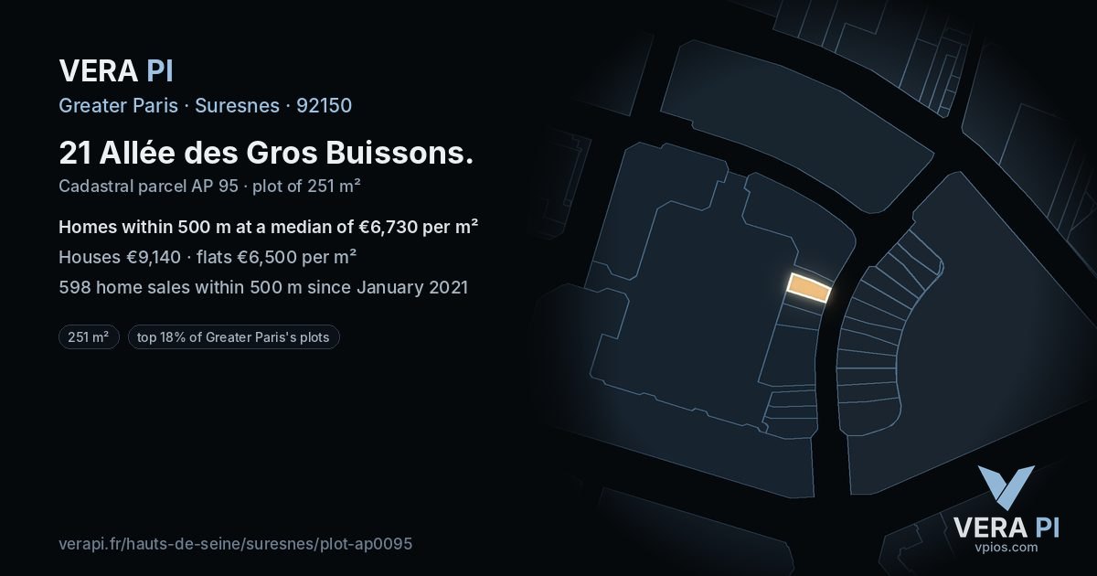 21 Allée des Gros Buissons, Suresnes at night – the plot lit, the parcels around coloured by the prices near them