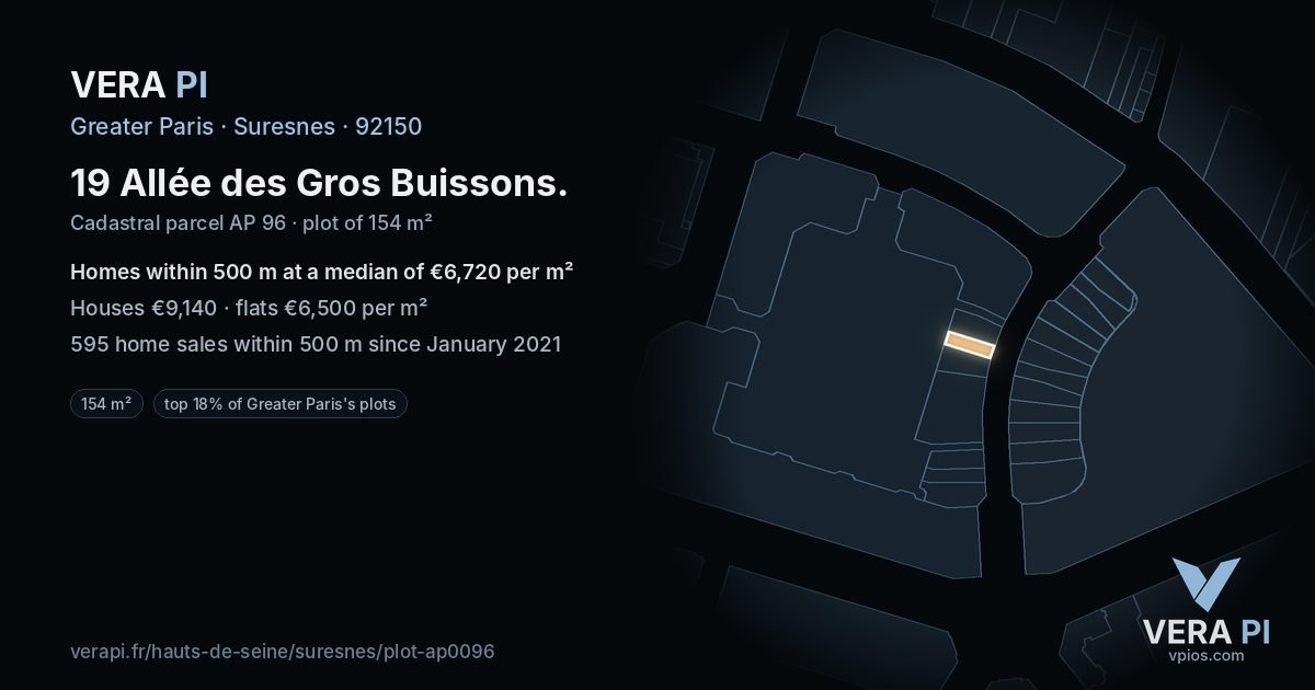 19 Allée des Gros Buissons, Suresnes at night – the plot lit, the parcels around coloured by the prices near them