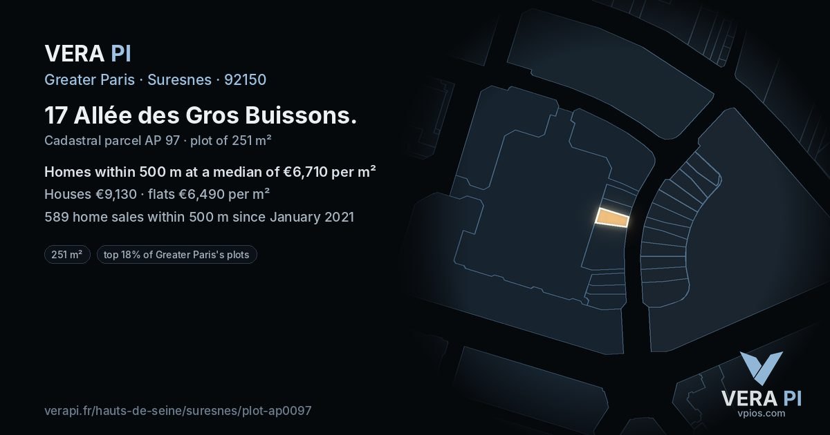 17 Allée des Gros Buissons, Suresnes at night – the plot lit, the parcels around coloured by the prices near them