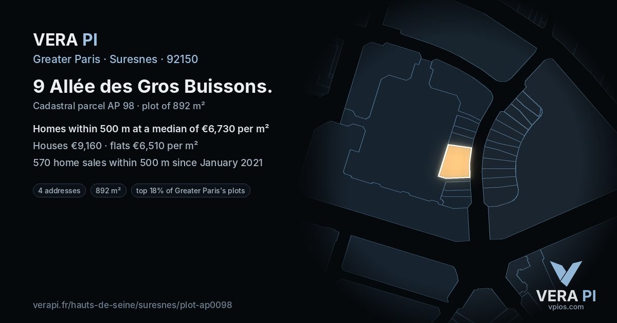 9 Allée des Gros Buissons, Suresnes at night – the plot lit, the parcels around coloured by the prices near them