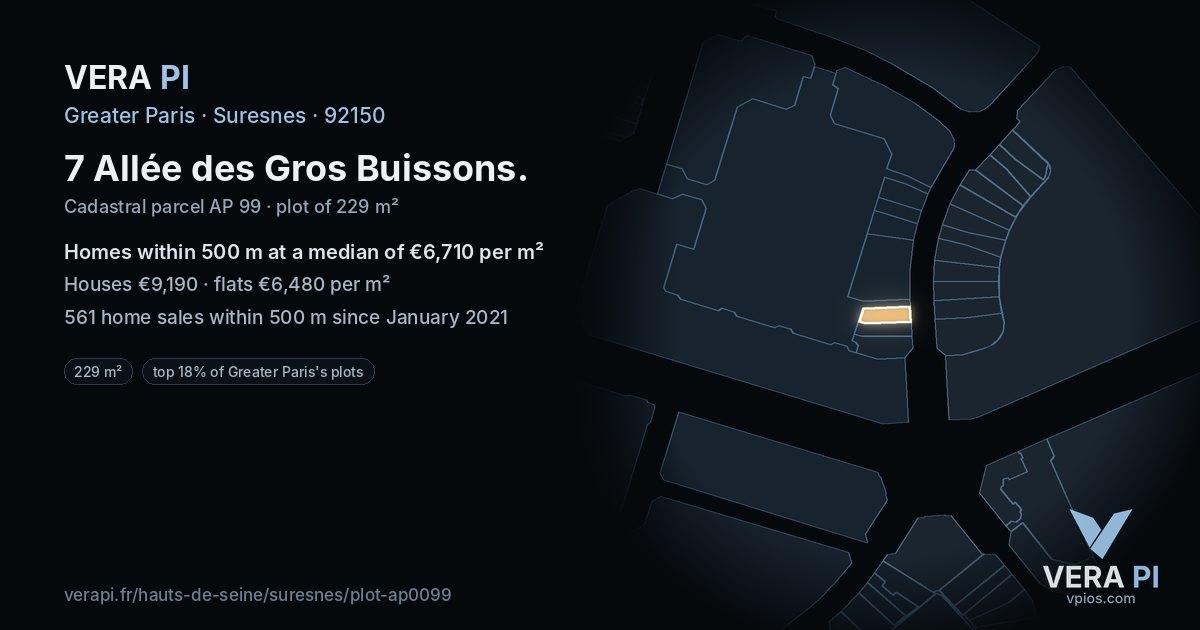 7 Allée des Gros Buissons, Suresnes at night – the plot lit, the parcels around coloured by the prices near them